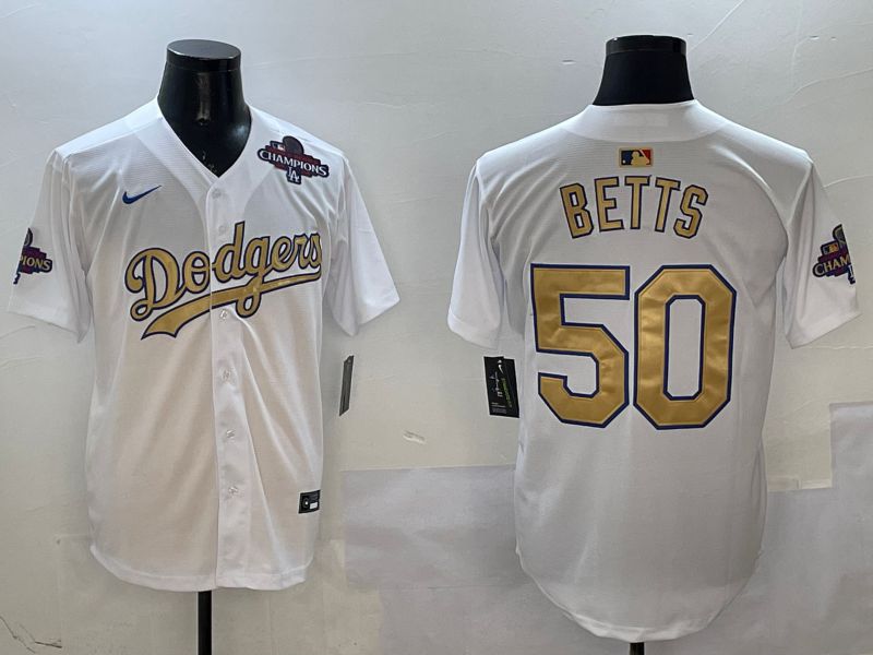 Men Los Angeles Dodgers 50 Betts White Champion gold character 2025 Nike MLB Jersey style 7